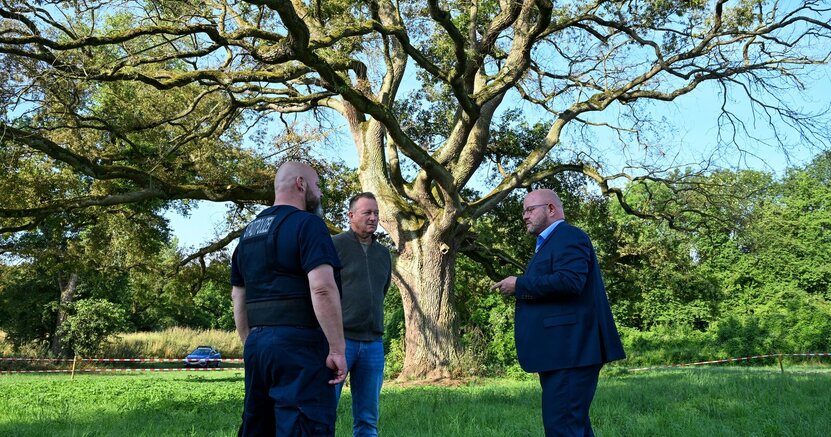 Im Sommer standen Stadtpolizist Uwe Gremm, Gerry Assmann von der FG Umwelt und Bürgermeister Marcus Kretschmann (v.li.) vor der Karl-Spengler-Eiche.