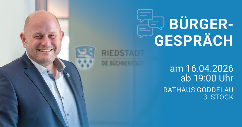 Links im Bild ist Bürgermeister Marcus Kretschmann, im Hintergrund ist das Stadtwappen zu sehen. Rechts steht "Bürgergespräch am 16.4.2026 ab 19:00 Uhr, Rathaus Goddelau, 3. Stock"