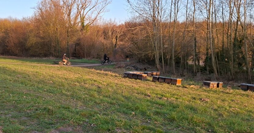 Das Befahren von Wald- und Naturflächen außerhalb zugelassener Straßen ist grundsätzlich verboten. Zwei Motocrossfahrer mit Helmen auf dem Kopf fahren auf einem Feldweg vom Damm runter Richtung Wald.
