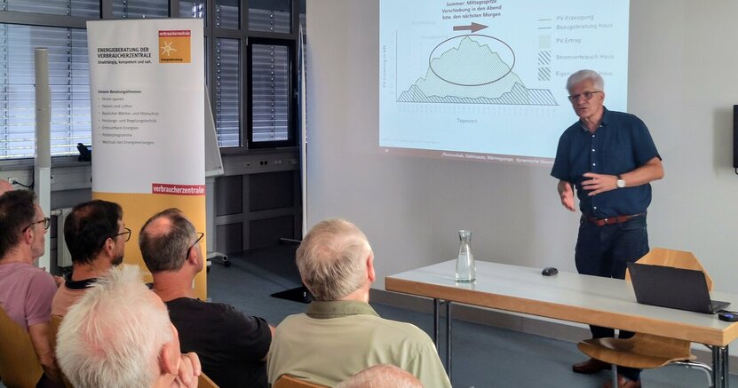 Rudolf Bersch erklärt die Energiewende. Rudolf Bersch steht an einem Tisch im Sitzungssaal des Rathauses. Hinter ihm ist an der Wand eine Grafik aus seinem Vortrag zu sehen. Vor ihm sitzen Zuschauer und hören ihm zu.